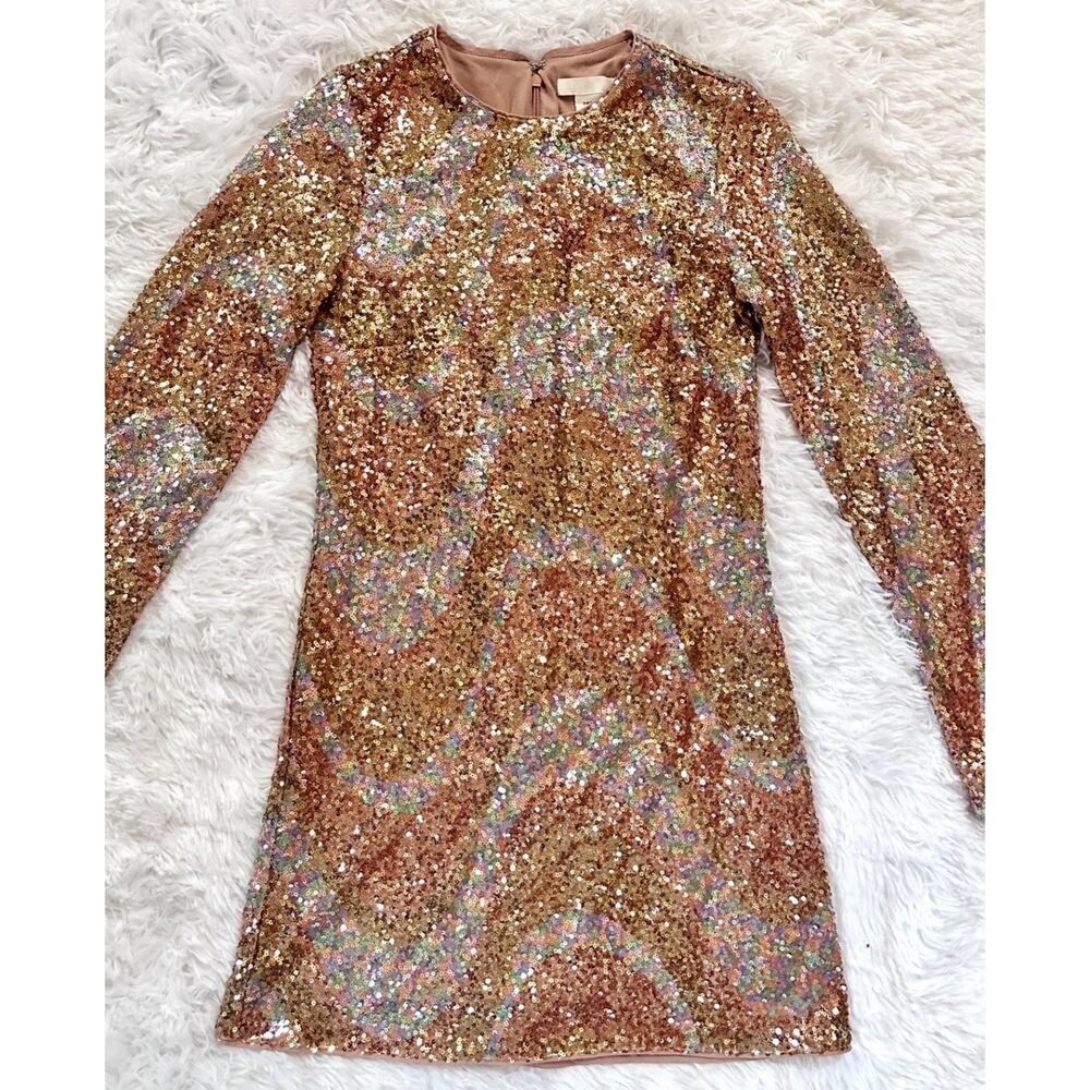H&M Sequin Dress Mini Bodycon Sz XS Long Sleeve Festive Party Rose Pink Lined - Picture 9 of 9